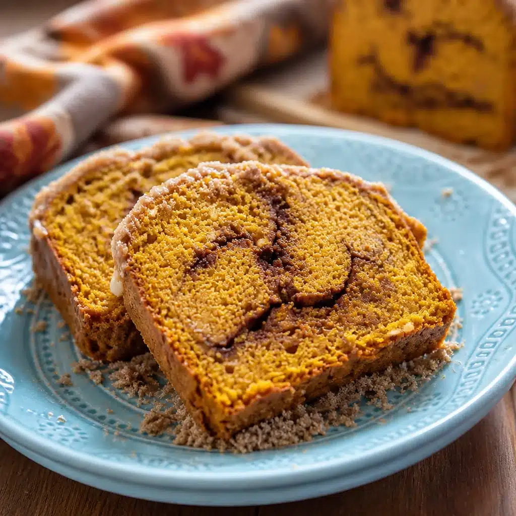 Moist Cinnamon Swirl Pumpkin Bread, gluten-free and dairy-free, with a sweet topping.