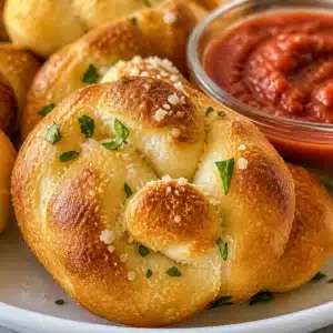 Gluten Free Garlic Parmesan Knots topped with garlic butter and Parmesan cheese