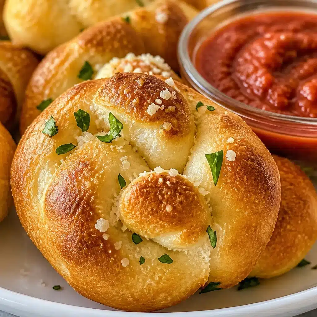 Gluten Free Garlic Parmesan Knots topped with garlic butter and Parmesan cheese