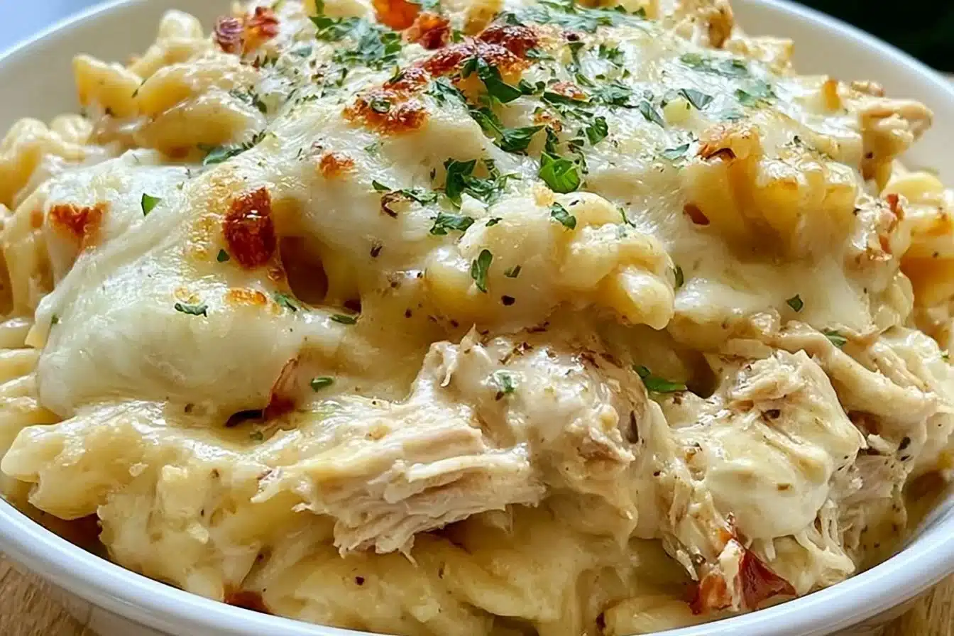 Delicious Dump and Bake Chicken Alfredo Casserole ready to serve.
