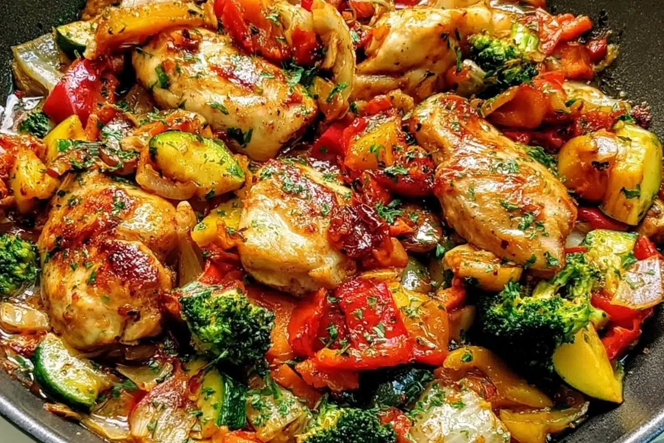 Delicious easy chicken and vegetables skillet prepared with fresh ingredients.