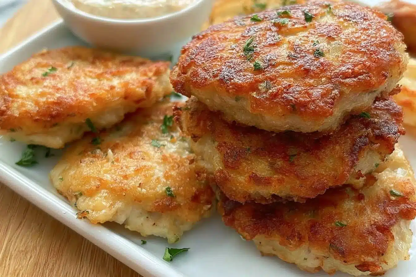 Easy gluten-free chicken fritters served with dipping sauce