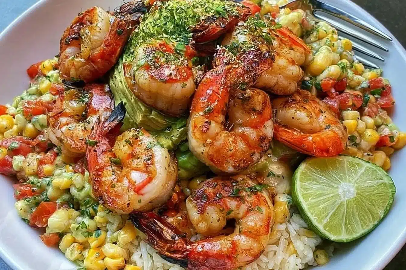 Delicious grilled shrimp bowl topped with avocado and corn salsa.