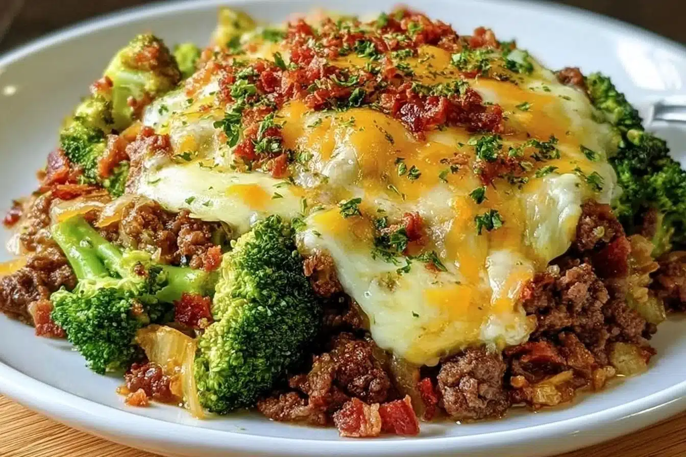 Healthy keto hamburger broccoli skillet dish