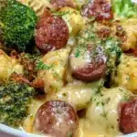 Easy keto broccoli and cauliflower au gratin with sausage dish