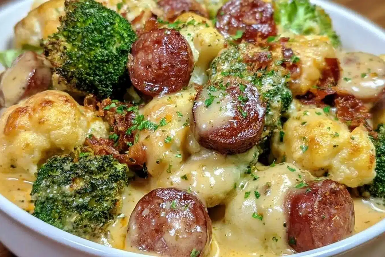 Easy keto broccoli and cauliflower au gratin with sausage dish