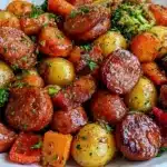 One pan honey garlic beef kielbasa with colorful veggies