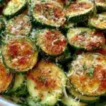Dish of Garlic Parmesan Roasted Zucchini on a plate, garnished and ready to serve.