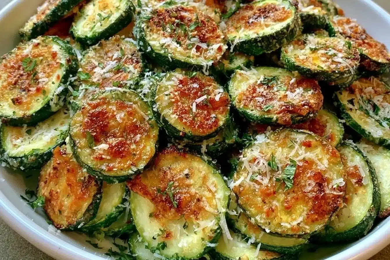 Dish of Garlic Parmesan Roasted Zucchini on a plate, garnished and ready to serve.