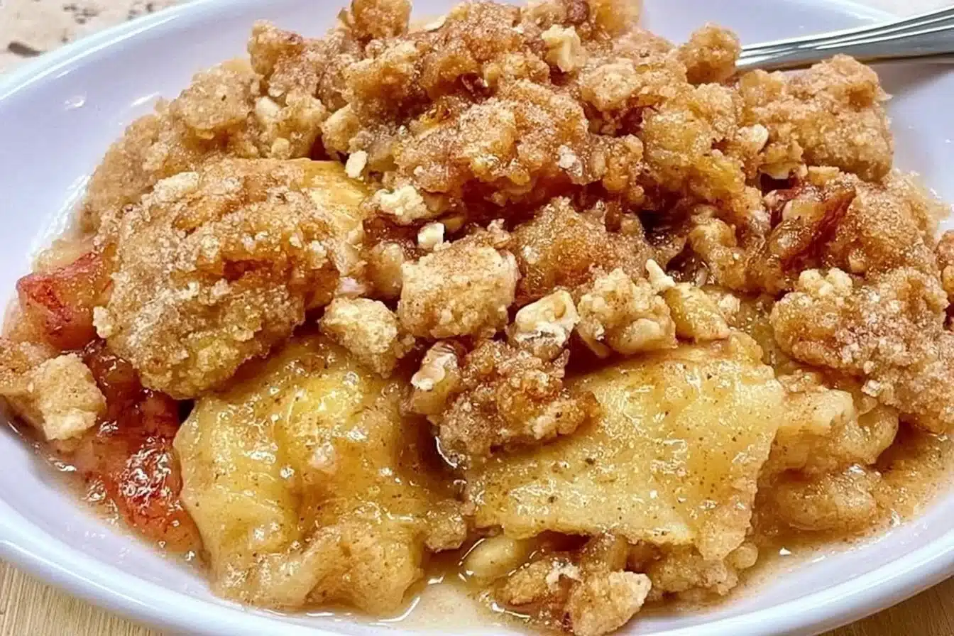 Gluten-free and dairy-free apple crisp dessert served in a baking dish