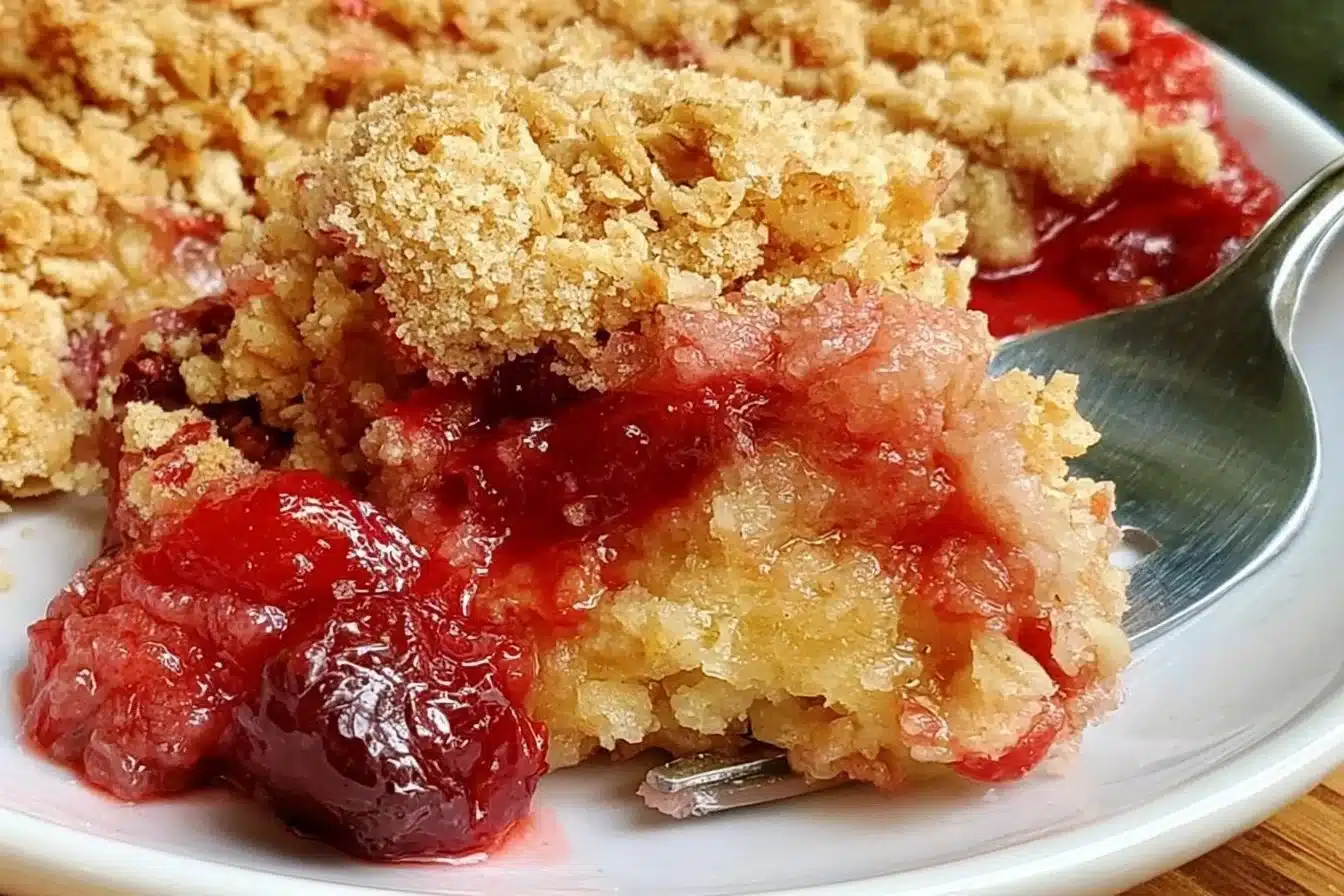 Gluten Free Cherry Dump Cake served in a bowl with a spoon