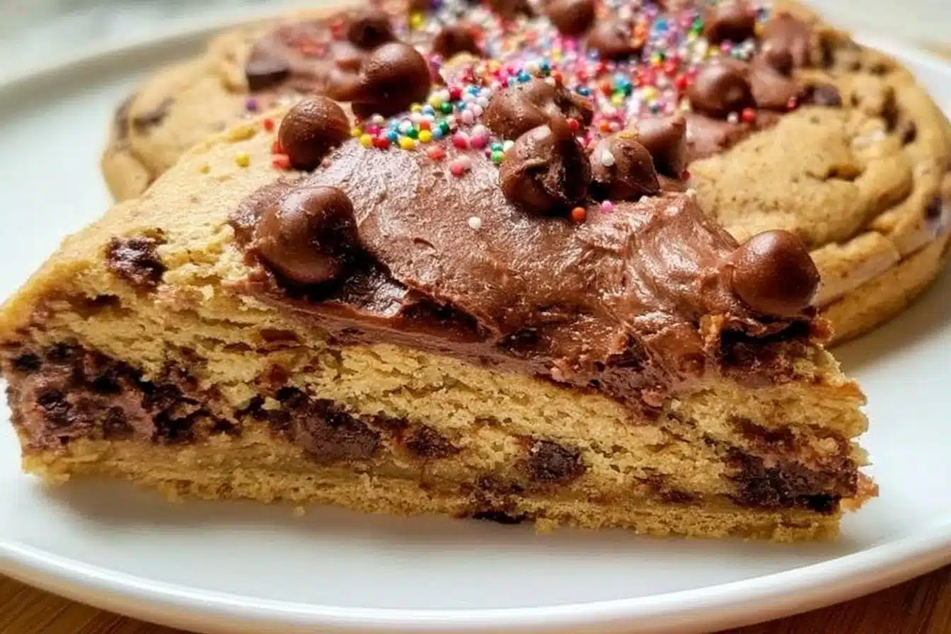 Delicious gluten free cookie cake decorated with chocolate chips and frosting.