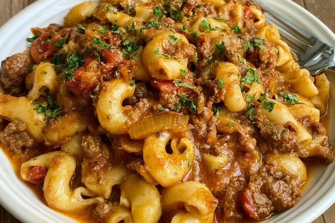 Gluten-Free Dairy-Free Hamburger Helper meal served in a bowl.