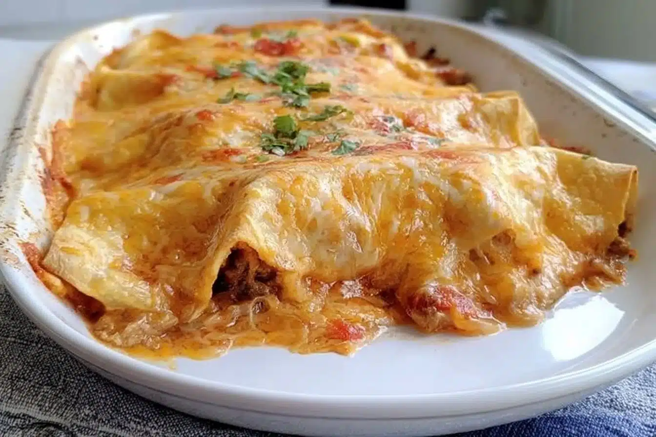 Delicious gluten free enchiladas served on a plate with toppings.