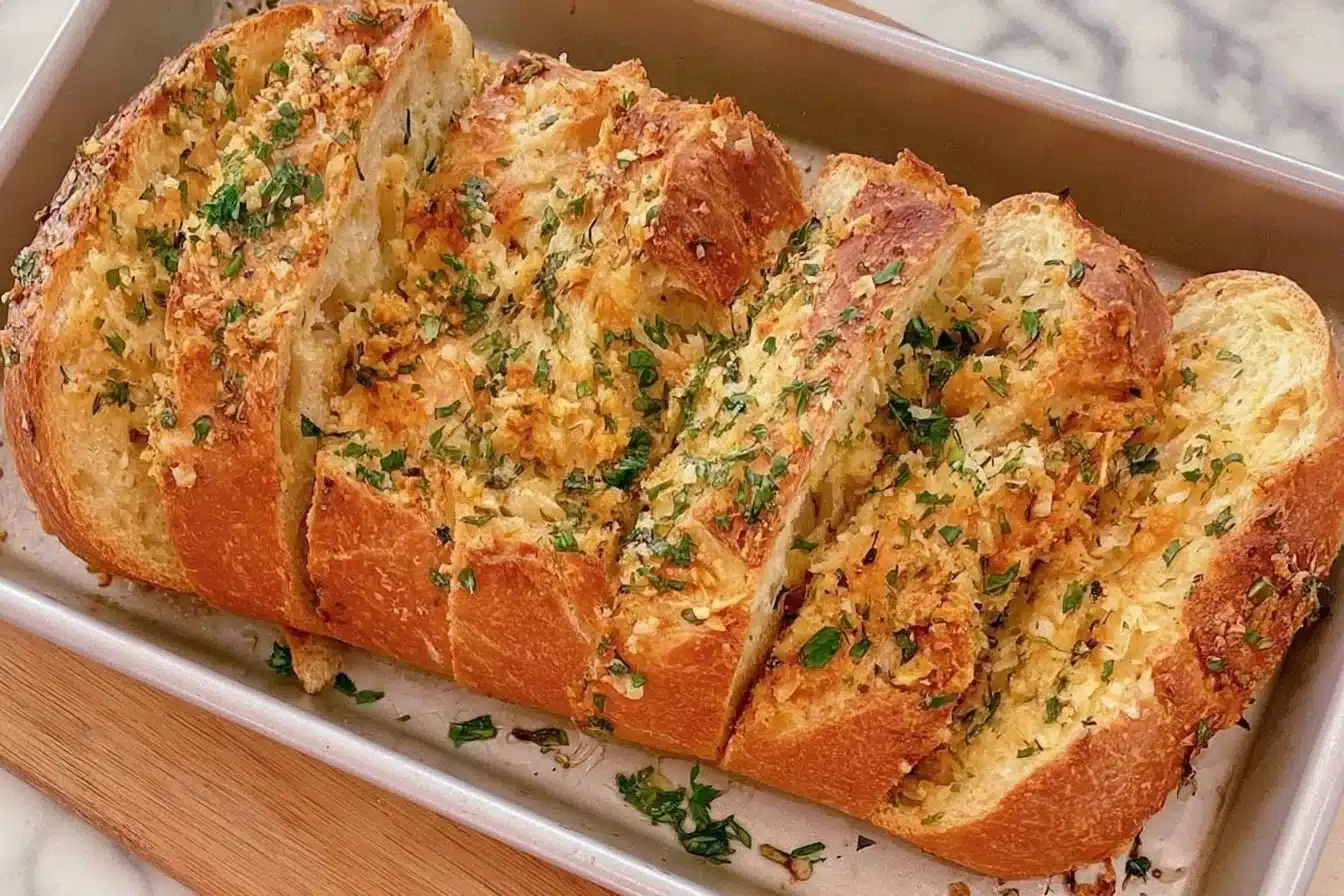 Homemade gluten-free garlic bread served on a rustic wooden table.