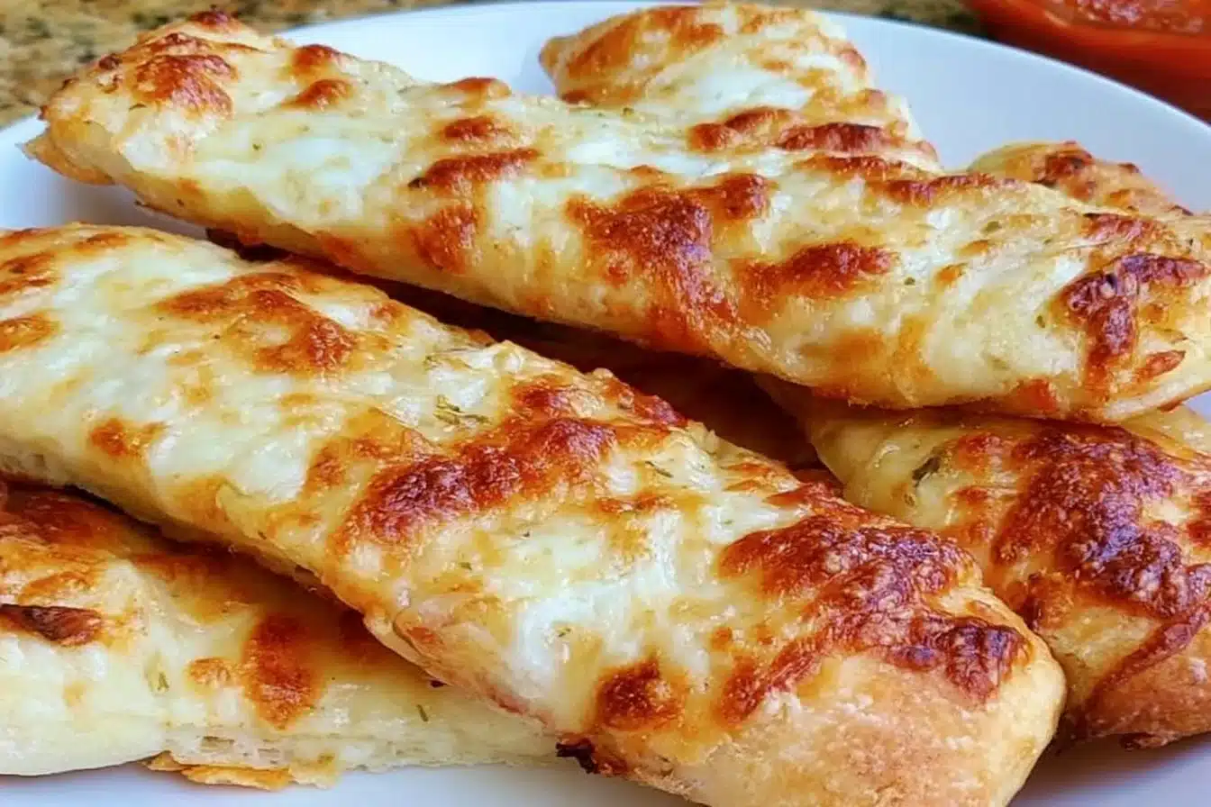 Gluten-free garlic pizza breadsticks served with marinara sauce.