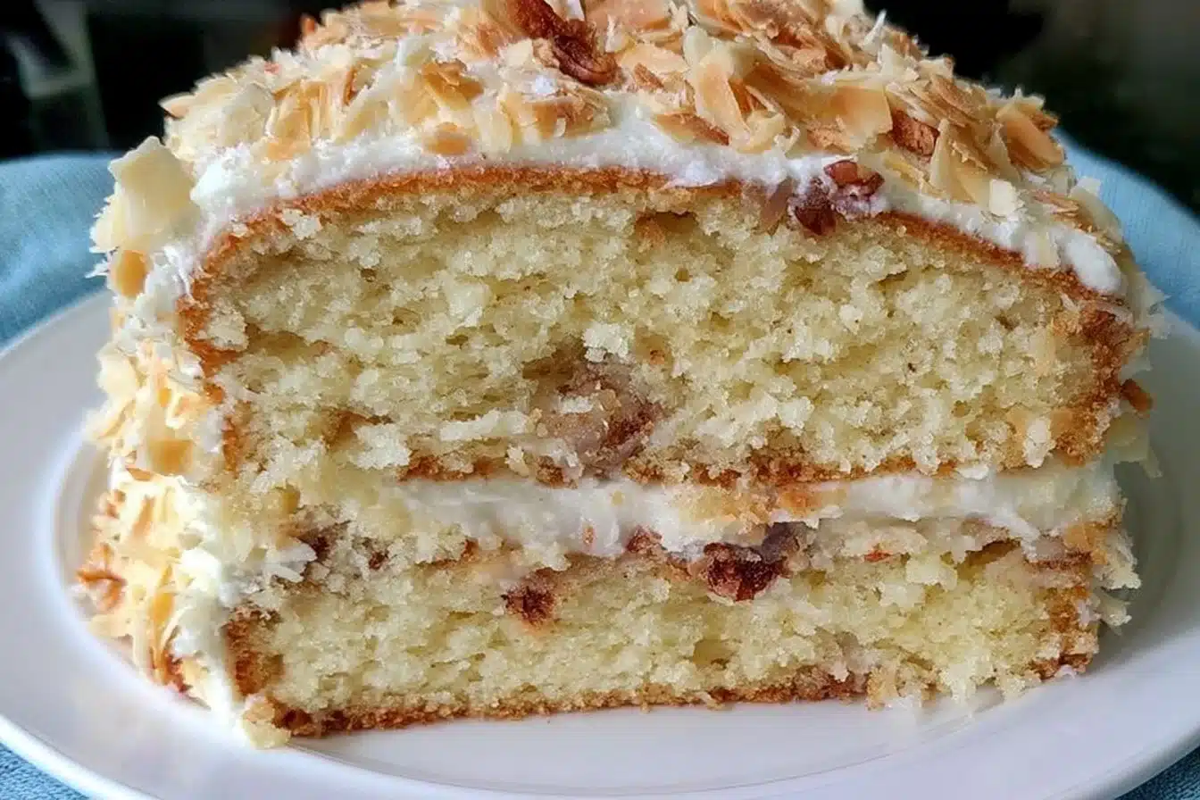 Delicious gluten free Italian cream cake with cream cheese frosting and nuts
