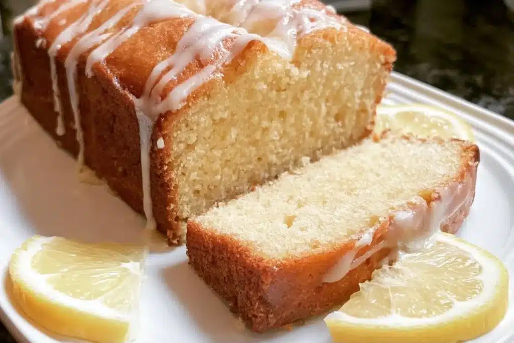 Gluten-free lemon pound cake served on a wooden platter