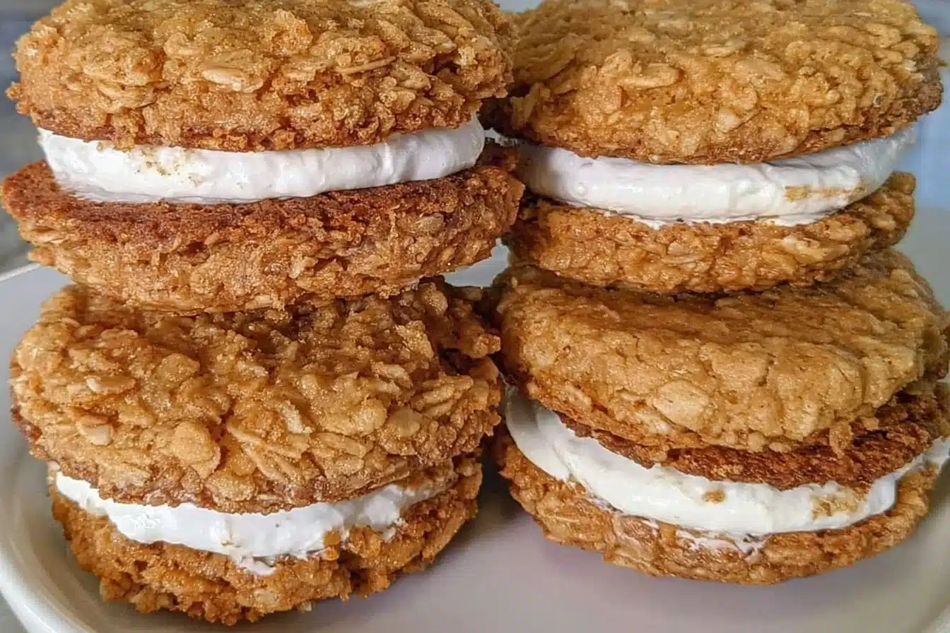 Gluten-free homemade oatmeal cream pies stacked beautifully on a plate.