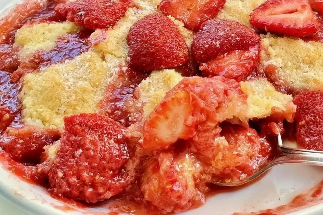 Delicious gluten-free and dairy-free strawberry cobbler on a serving plate