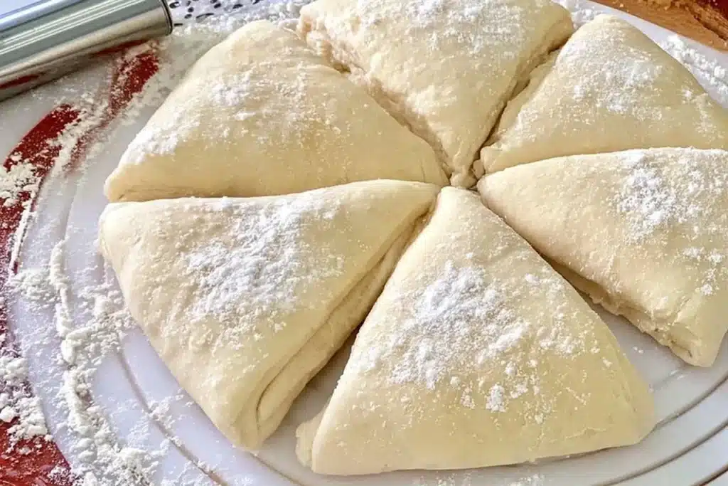 Freshly made homemade crescent roll dough ready for baking.