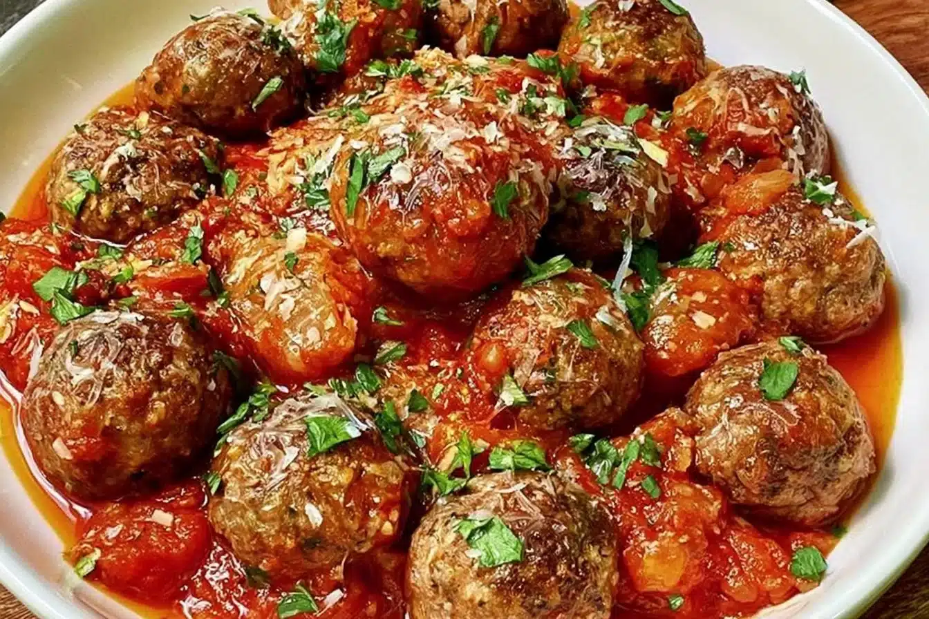 Plate of homemade gluten-free meatballs garnished with herbs.