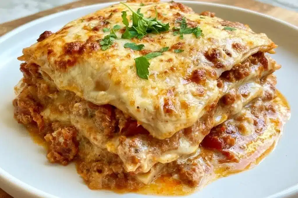 Delicious Keto Lasagna served with cheese and herbs on a plate