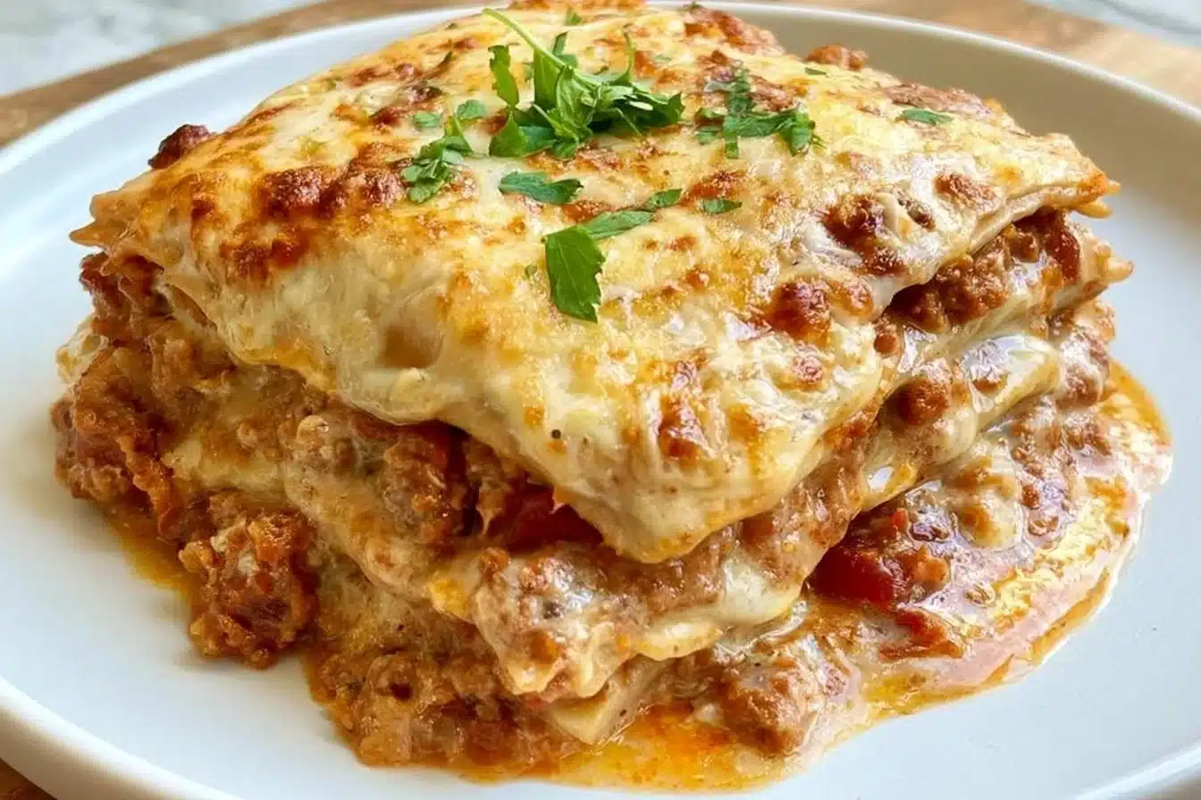 Delicious Keto Lasagna served with cheese and herbs on a plate