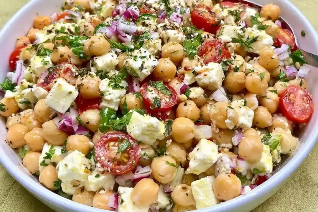 Lemony Chickpea Feta Salad with fresh vegetables and lemon dressing