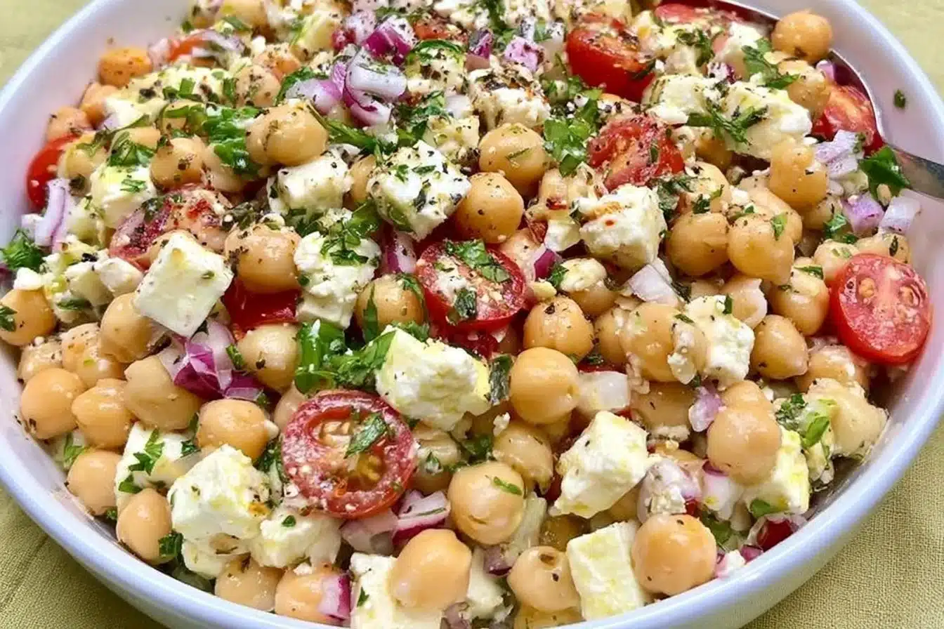 Lemony Chickpea Feta Salad with fresh vegetables and lemon dressing
