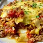Delicious Low Carb Cabbage Casserole served in a bowl on a wooden table.