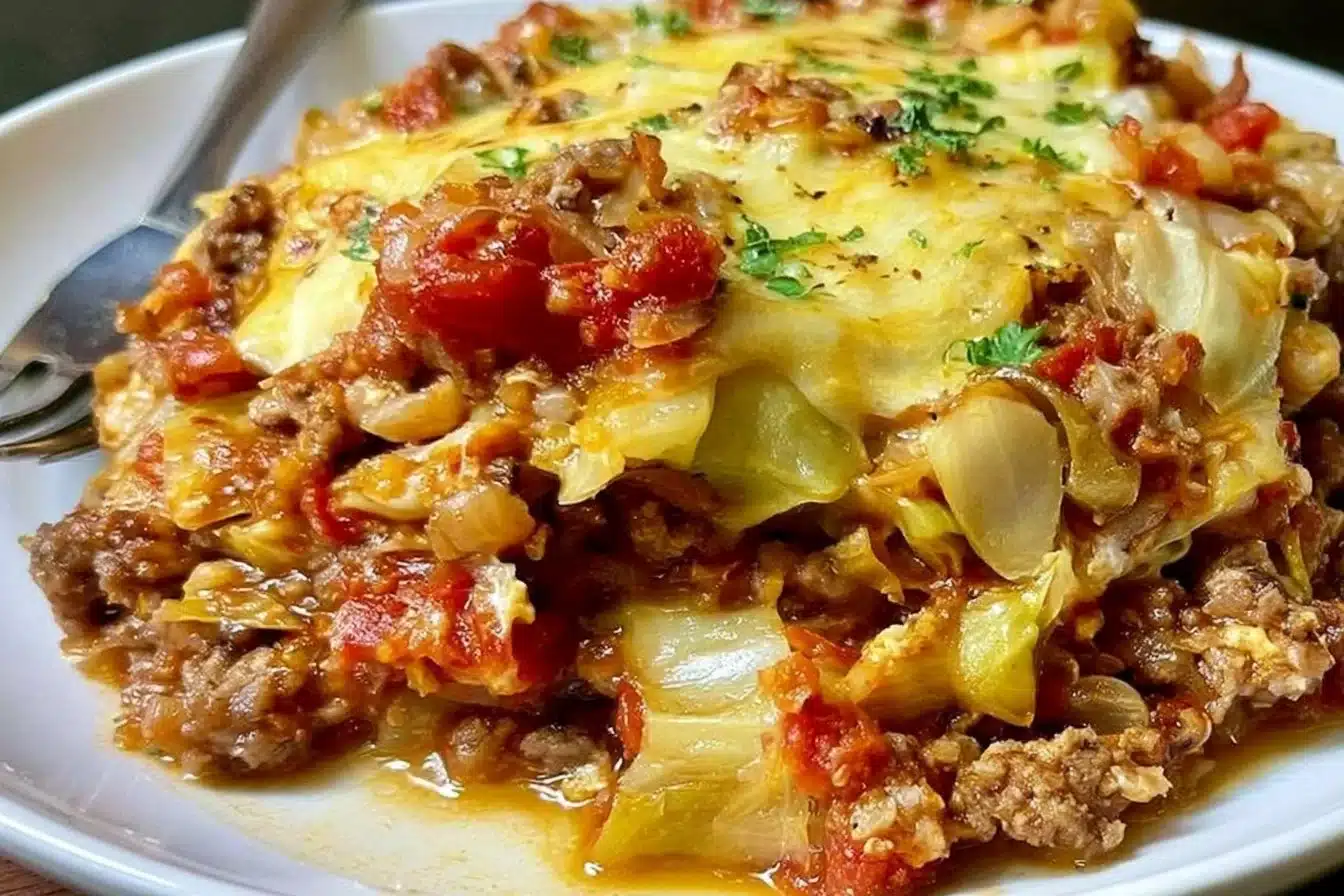 Delicious Low Carb Cabbage Casserole served in a bowl on a wooden table.