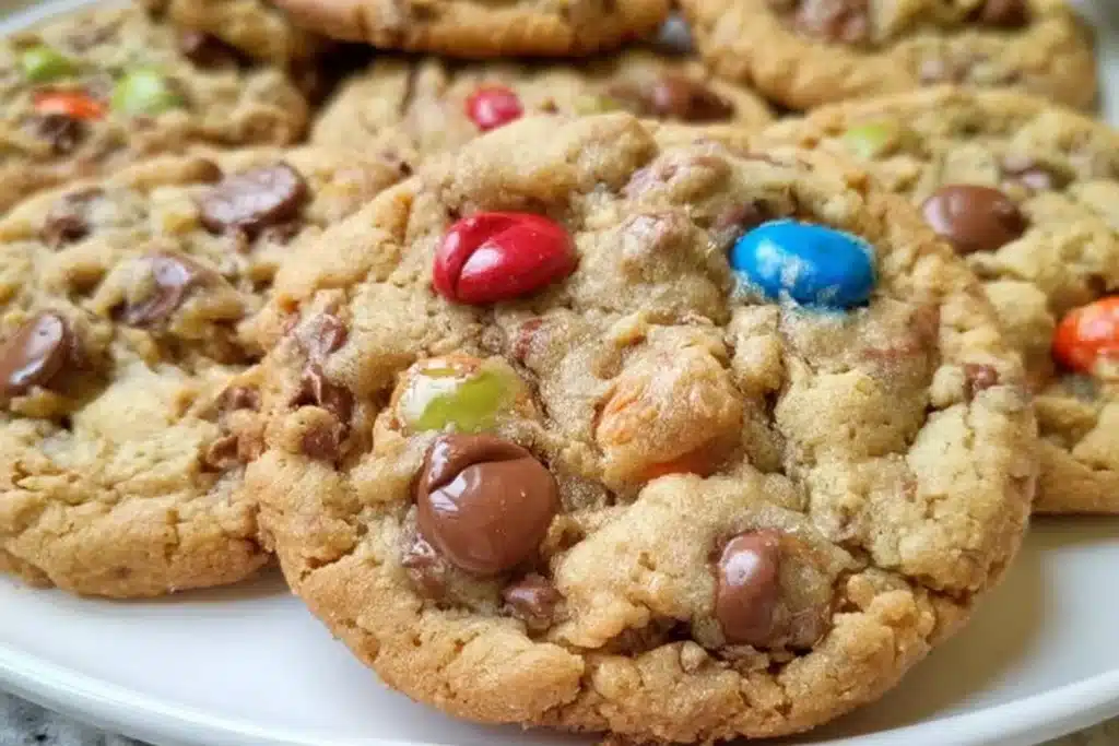 Freshly baked Monster Cookies loaded with chocolate chips and M&M's