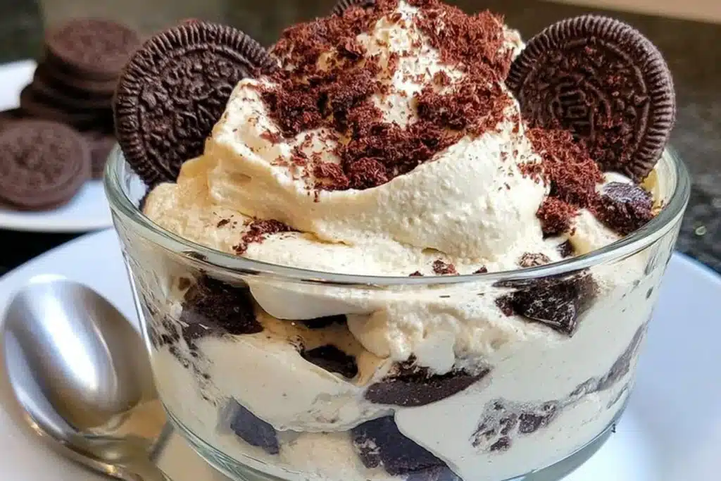 Delicious homemade Oreo Mousse dessert in a glass
