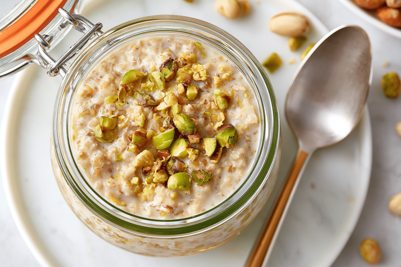 Overhead shot of a glass jar filled with gluten-free pistachio overnight oats, topped with chopped pistachios and a spoon, with a clean kitchen background.