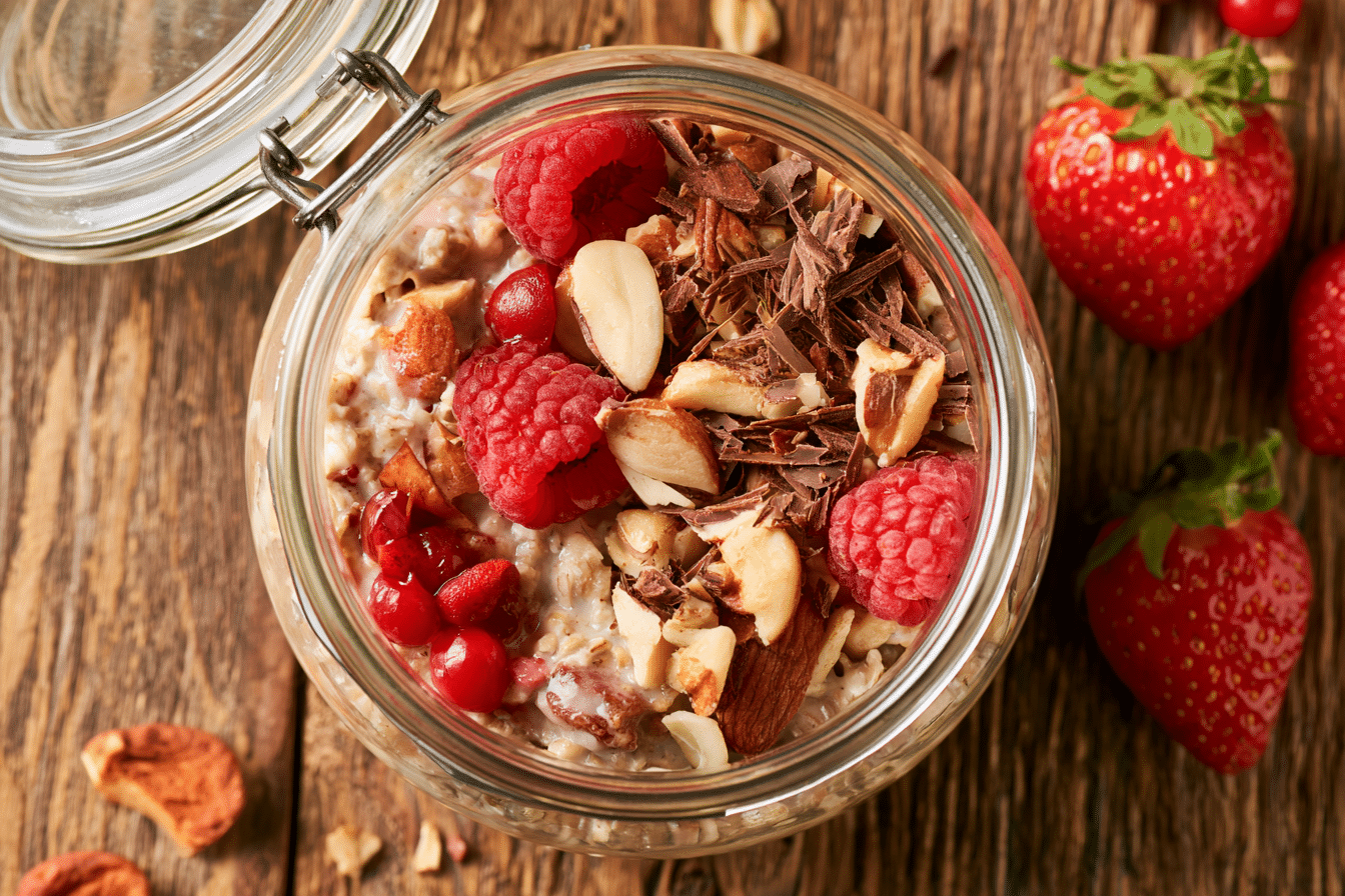 Overhead shot of a jar of overnight oats with various creative toppings like berries, nuts, and chocolate shavings, on a rustic wooden table.