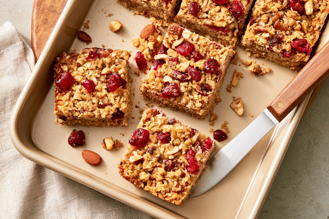 overhead shot of gluten-free breakfast bars being sliced in a baking pan, showing a golden brown crust and various mix-ins like dried cranberries and chopped nuts