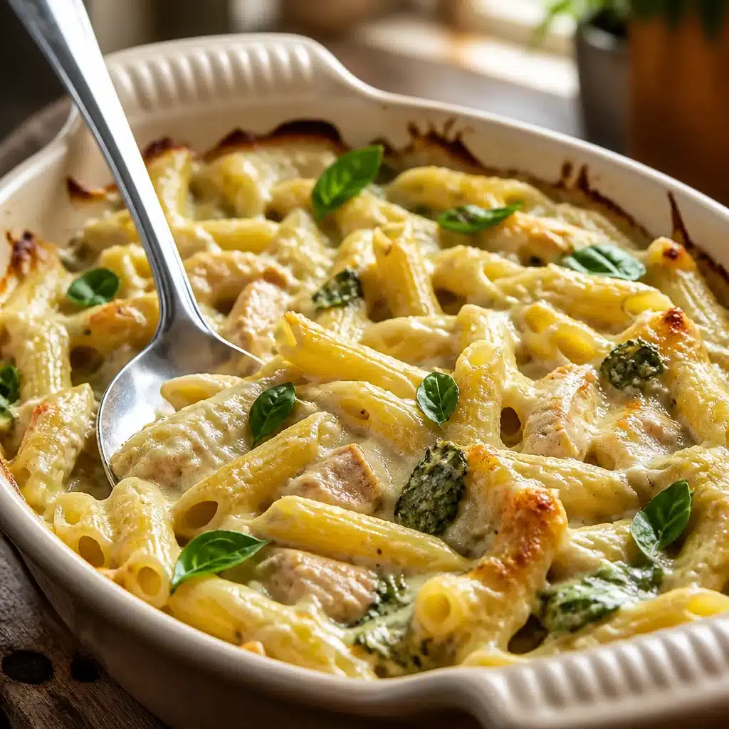 Delicious Easy Gluten Free Chicken Alfredo Bake with creamy sauce and tender chicken.