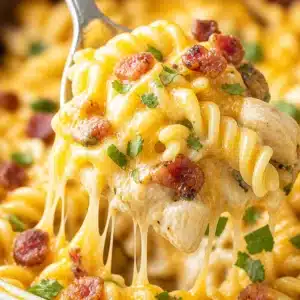 Easy Gluten-Free Chicken Bacon Ranch Bake dish with bacon and creamy ranch sauce