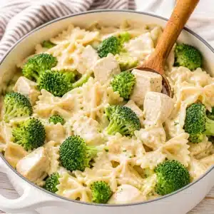 Easy Gluten-Free Chicken Broccoli Alfredo Bake served in a casserole dish.