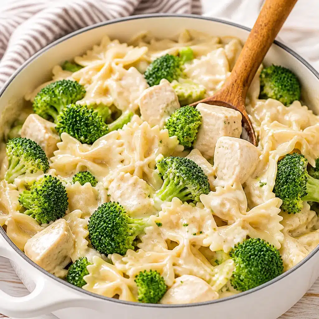 Easy Gluten-Free Chicken Broccoli Alfredo Bake served in a casserole dish.