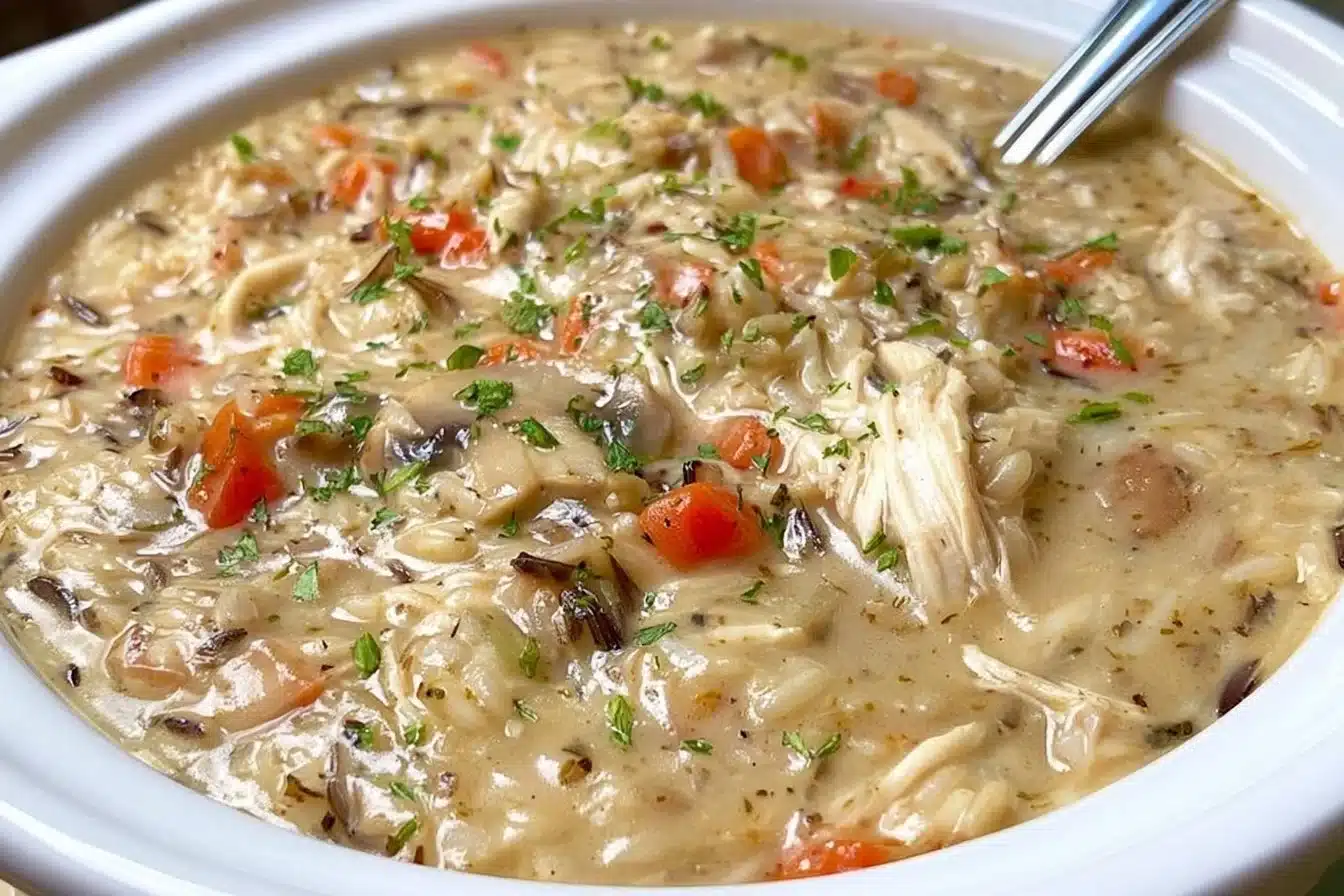 Bowl of Slow Cooker Chicken Wild Rice Soup with vegetables and herbs