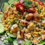 Delicious street corn creamy cucumber chicken salad in a bowl