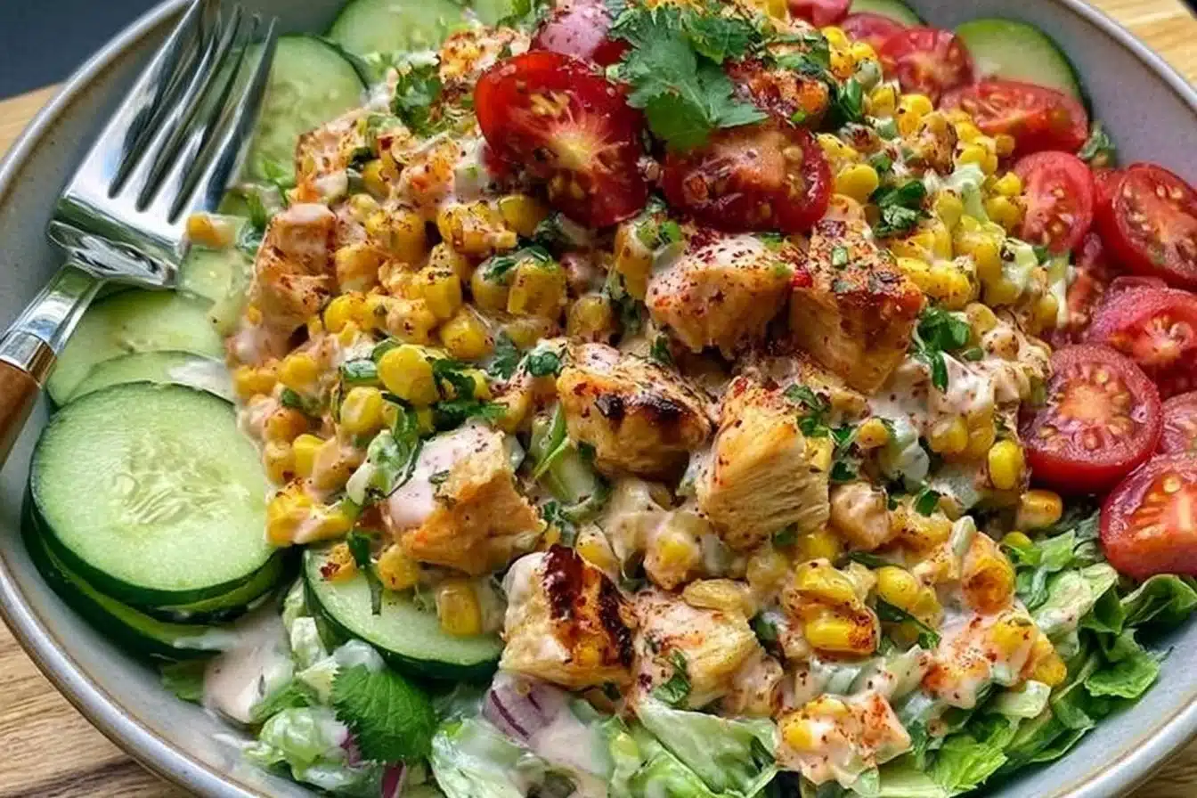 Delicious street corn creamy cucumber chicken salad in a bowl