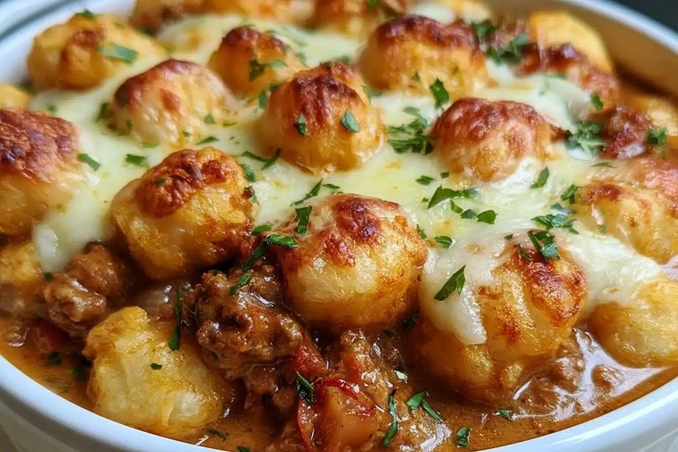Tater Tot Casserole without condensed soup served on a plate