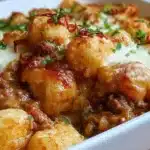 Tater Tot Casserole topped with crispy tater tots and cheese on a plate