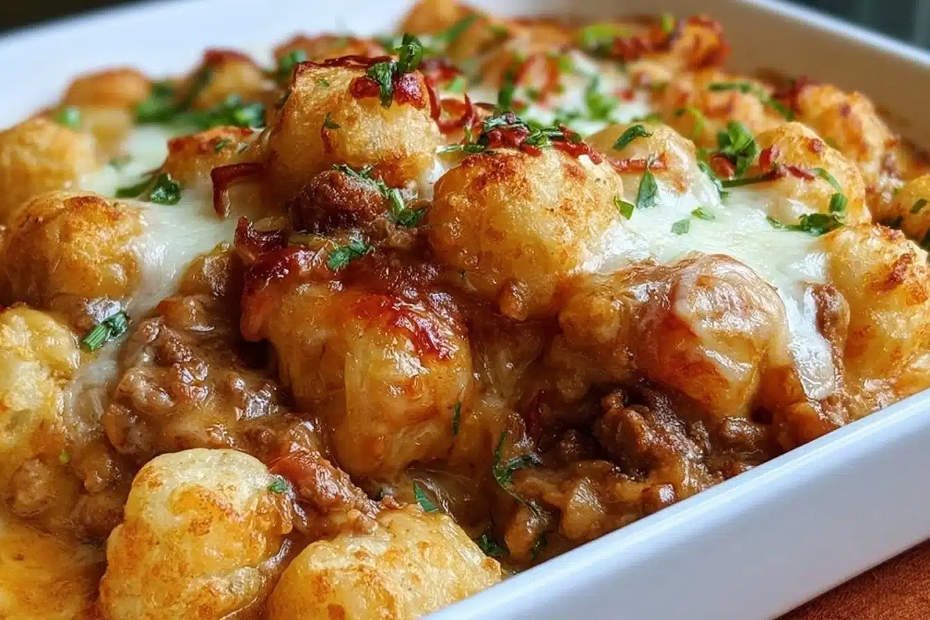 Tater Tot Casserole topped with crispy tater tots and cheese on a plate