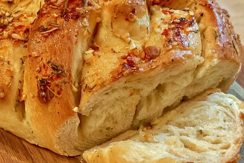 Vegan garlic pull apart bread loaf with herbs and garlic spread