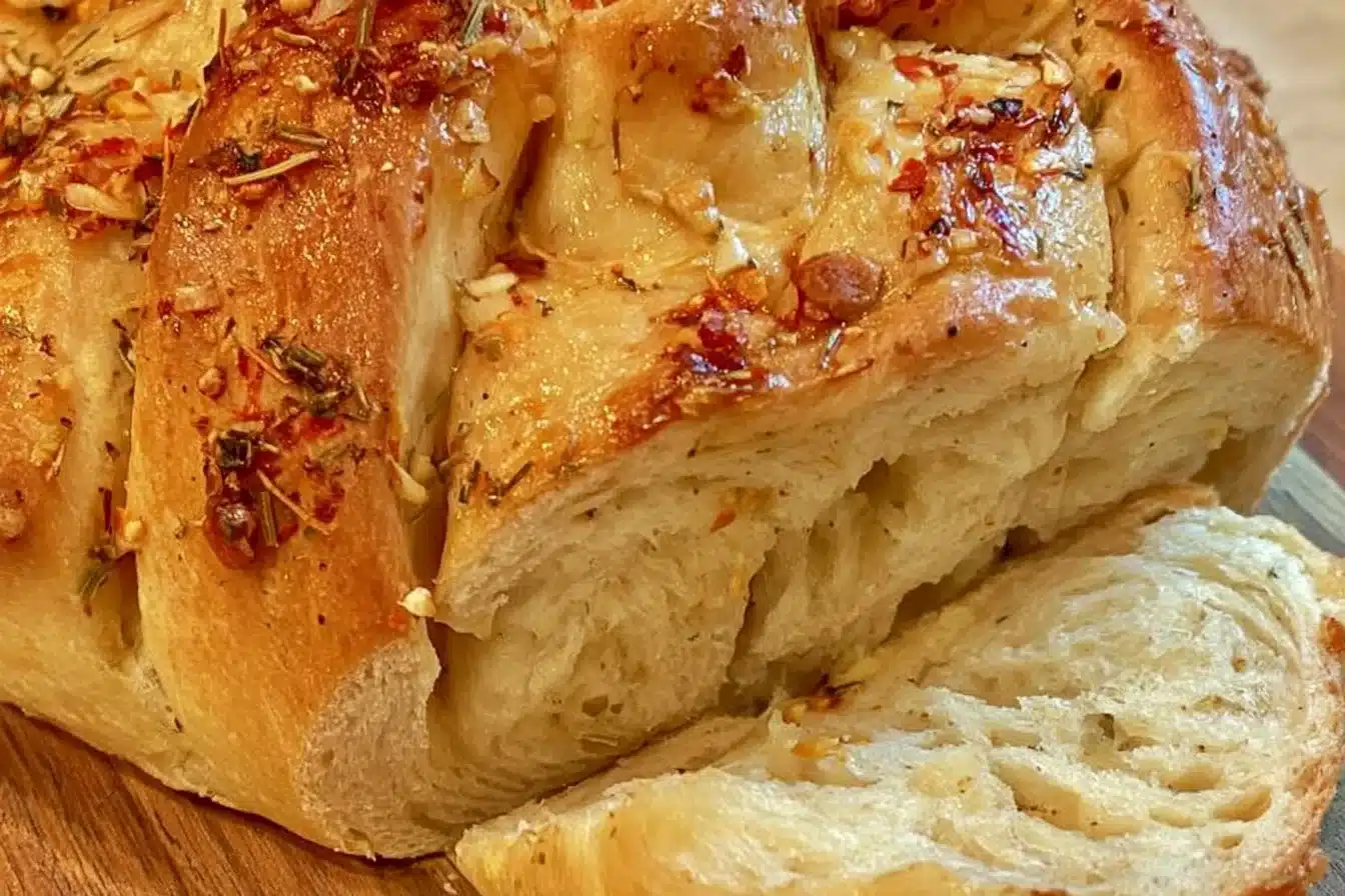 Vegan garlic pull apart bread loaf with herbs and garlic spread