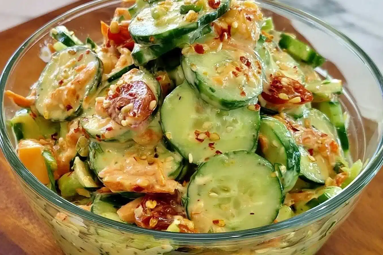 Viral easy creamy Asian cucumber salad served in a bowl